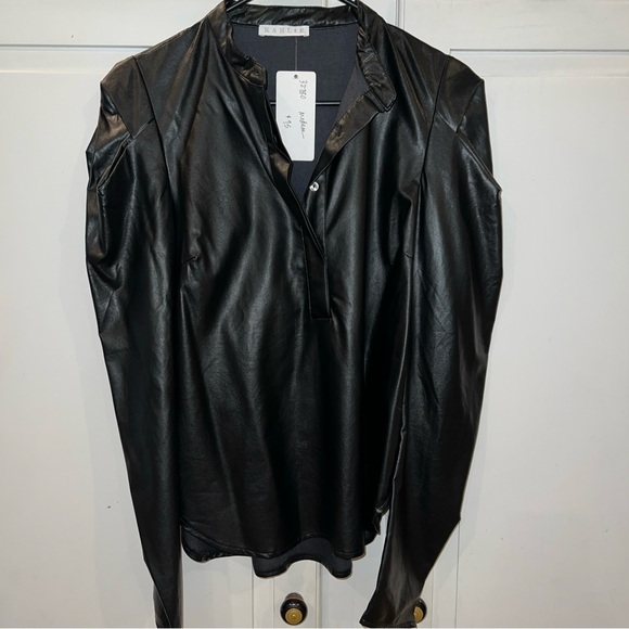 NWT‎ Karlie Black Pleather Blouse Puff Shoulder L/S Medium Faux Leather - Picture 1 of 7